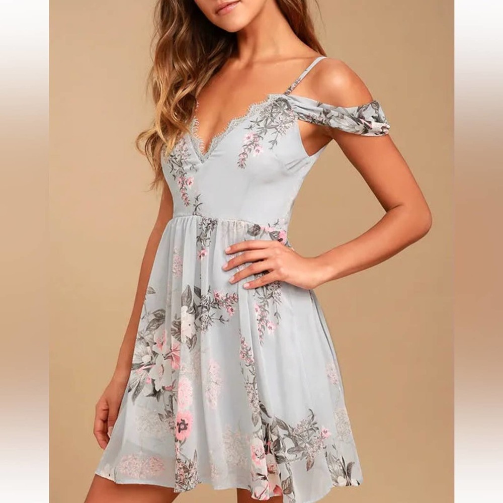 Lulu’s Verona Light Blue Floral Print Off-the-Shoulder Lace Dress Size XXS